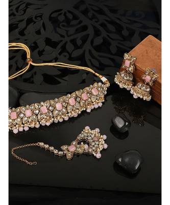 Ethnic Bridal Gold Plated Stone And Pearl Pink Choker With Earring Maangtika 1
