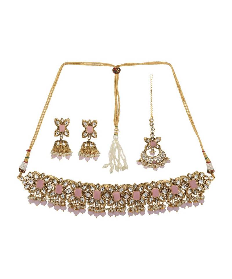 Ethnic Bridal Gold Plated Stone And Pearl Pink Choker With Earring Maangtika