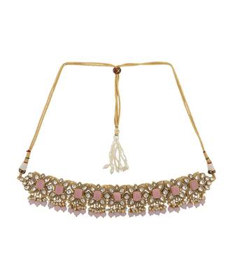 Ethnic Bridal Gold Plated Stone And Pearl Pink Choker With Earring Maangtika 3