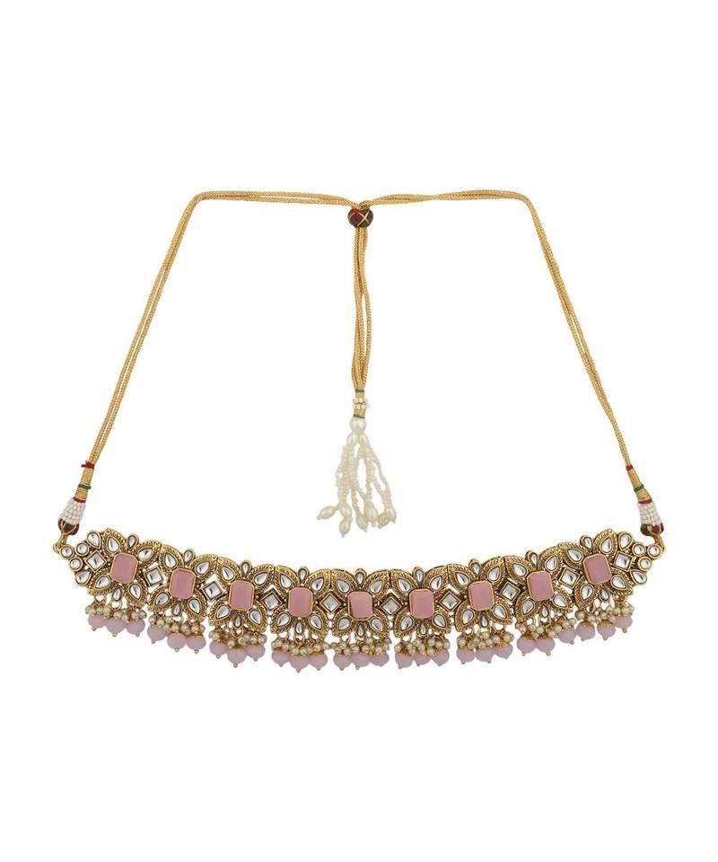 Ethnic Bridal Gold Plated Stone And Pearl Pink Choker With Earring Maangtika