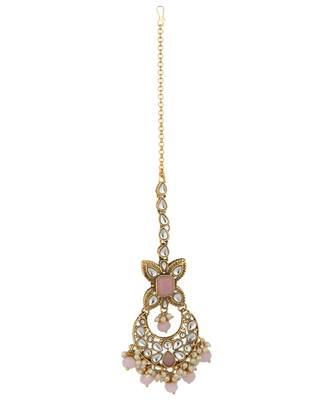 Ethnic Bridal Gold Plated Stone And Pearl Pink Choker With Earring Maangtika 5