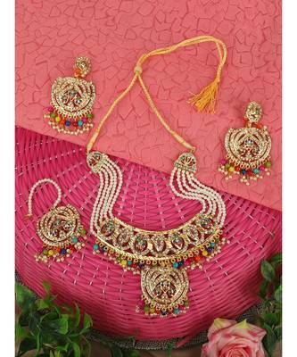 Ethnic Bridal Gold Plated Stone And Pearl Choker With Earring Maangtika 1