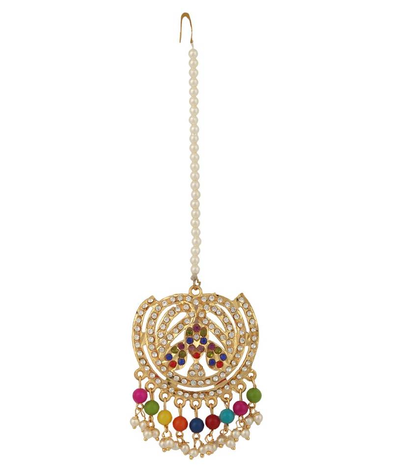Ethnic Bridal Gold Plated Stone And Pearl Choker With Earring Maangtika