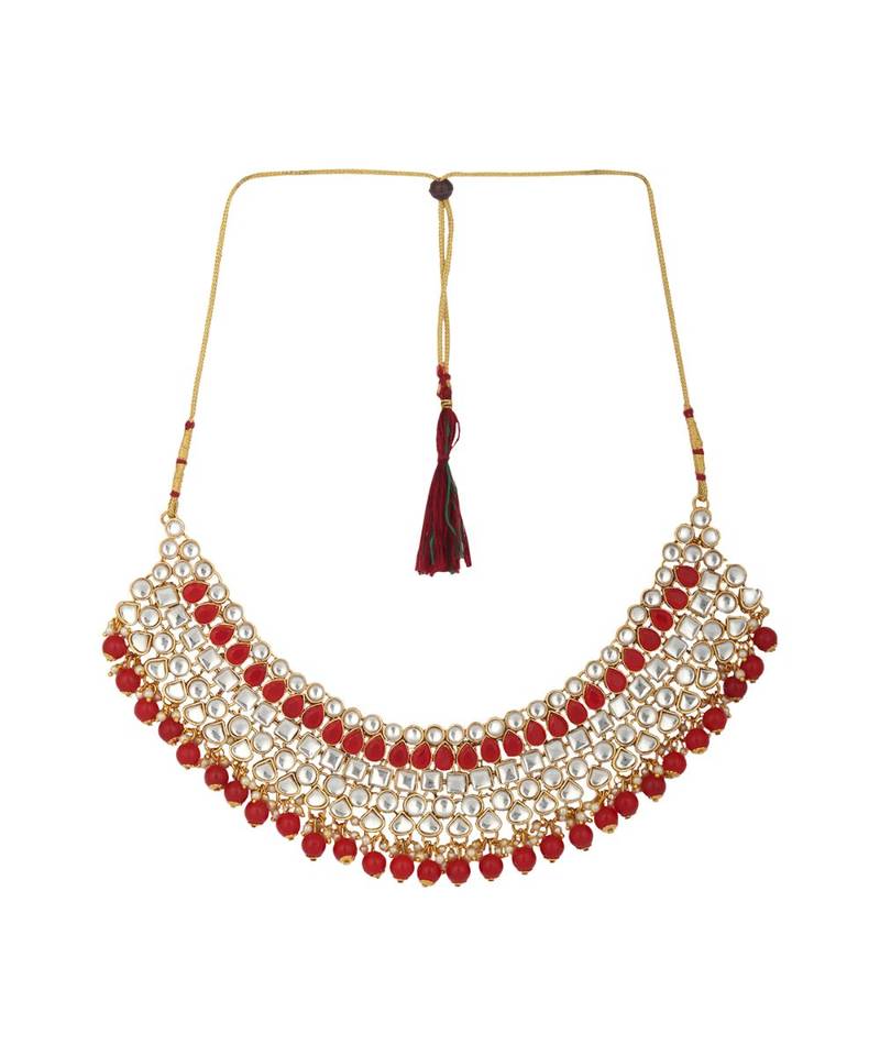 Ethnic Bridal Gold Plated Red Stone And Pearl Choker With Earring Maangtika