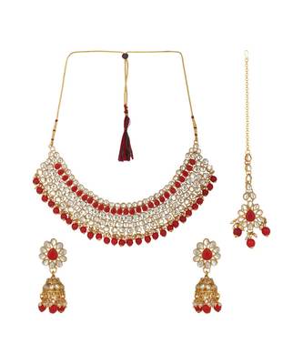 Ethnic Bridal Gold Plated Red Stone And Pearl Choker With Earring Maangtika 3