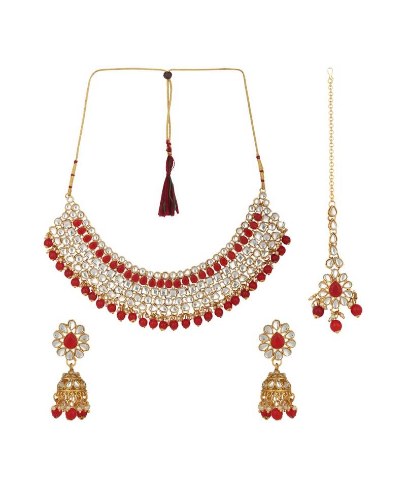 Ethnic Bridal Gold Plated Red Stone And Pearl Choker With Earring Maangtika