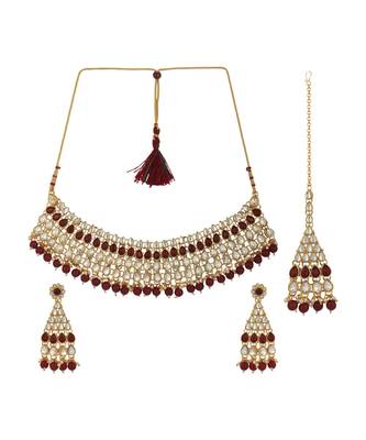 Ethnic Bridal Gold Plated Red Stone And Pearl Choker With Earring Maangtika 1