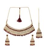 Ethnic Bridal Gold Plated Red Stone And Pearl Choker With Earring Maangtika