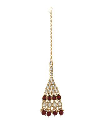 Ethnic Bridal Gold Plated Red Stone And Pearl Choker With Earring Maangtika 4