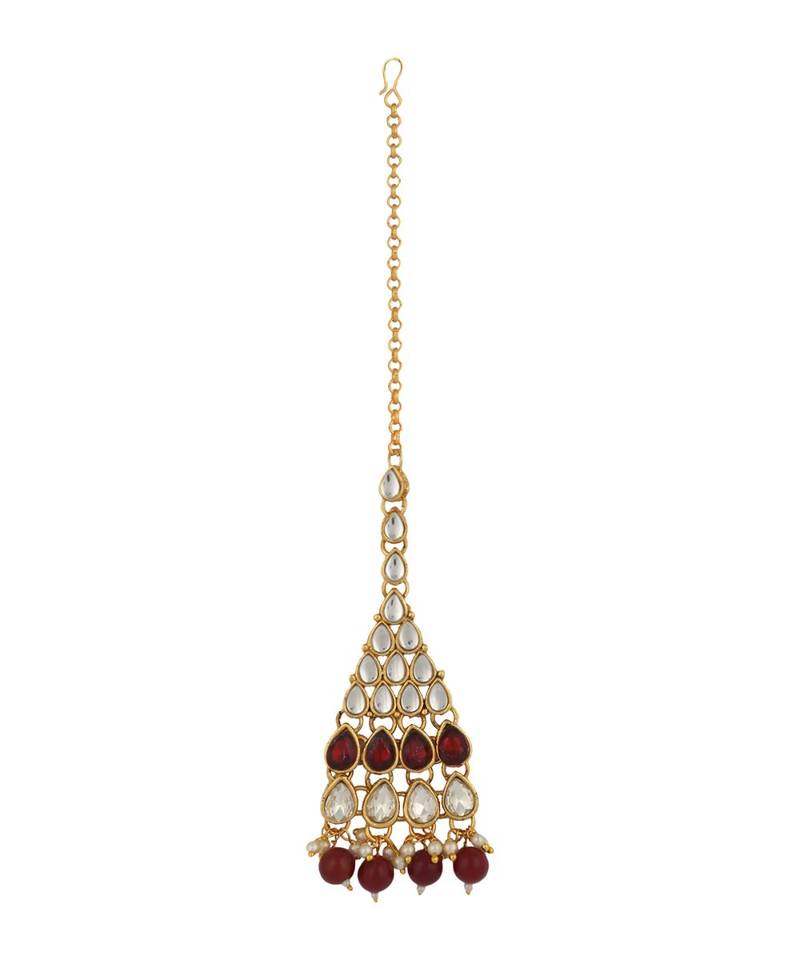 Ethnic Bridal Gold Plated Red Stone And Pearl Choker With Earring Maangtika