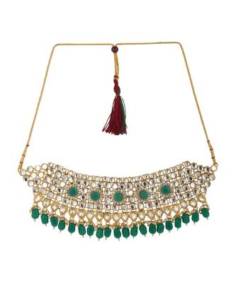Ethnic Bridal Gold Plated Green Stone And Pearl Choker With Earring Maangtika 2