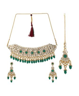 Ethnic Bridal Gold Plated Green Stone And Pearl Choker With Earring Maangtika 1