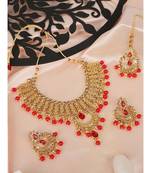 Ethnic Bridal Gold Plated Red Stone And Pearl Choker With Earring Maangtika