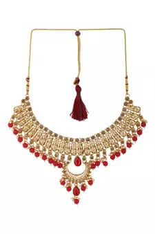Ethnic Bridal Gold Plated Red Stone And Pearl Choker With Earring Maangtika