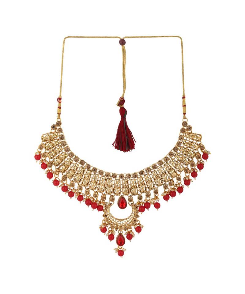 Ethnic Bridal Gold Plated Red Stone And Pearl Choker With Earring Maangtika