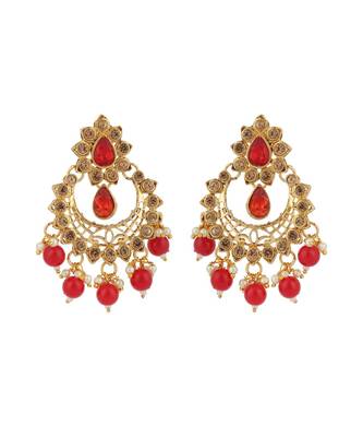 Ethnic Bridal Gold Plated Red Stone And Pearl Choker With Earring Maangtika 3