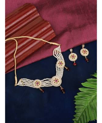 Ethnic Pearl String White Choker With Designer Earrings 1