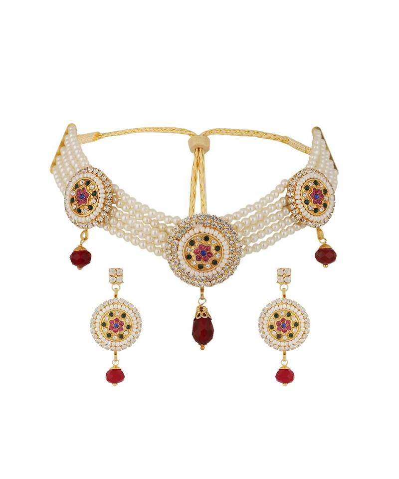 Ethnic Pearl String White Choker With Designer Earrings