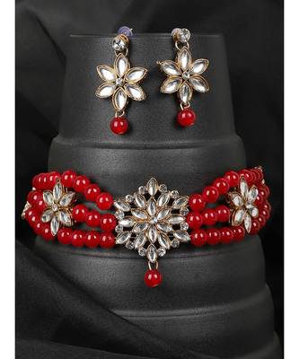 Ethnic Pearl String Red Choker With Designer Earrings 1