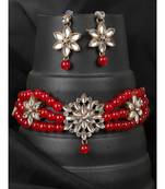 Ethnic Pearl String Red Choker With Designer Earrings