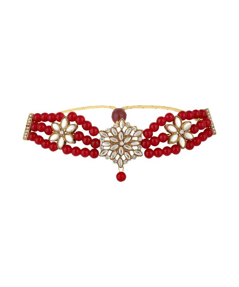 Ethnic Pearl String Red Choker With Designer Earrings