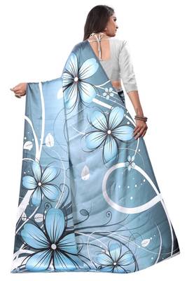 Blue printed satin saree with blouse 5