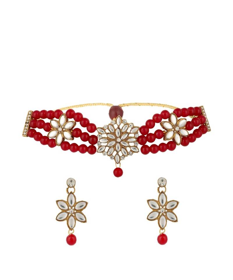 Ethnic Pearl String Red Choker With Designer Earrings