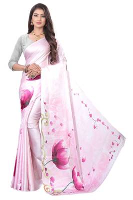 Light pink printed satin saree with blouse 3