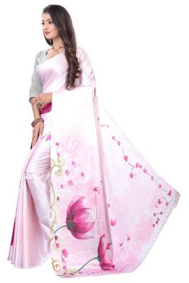 Light pink printed satin saree with blouse 5