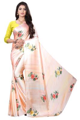 Peach printed satin saree with blouse 2