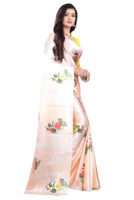 Peach printed satin saree with blouse 3
