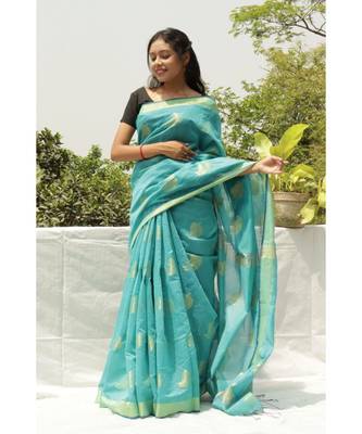 Turquiose Leaf Jackqurd Jamdani Saree 1