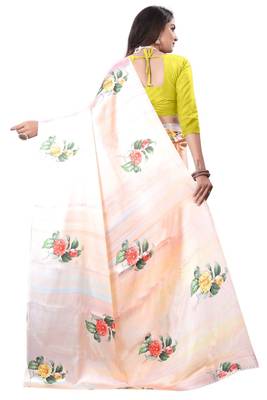 Peach printed satin saree with blouse 4