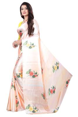 Peach printed satin saree with blouse 5