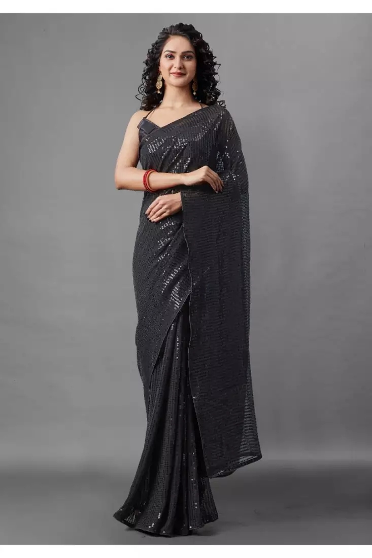 Black embroidered georgette saree with blouse