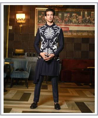Deep Blue Waistcoat with Drape Kurta set 1