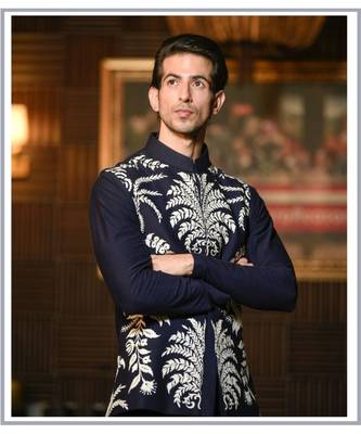 Deep Blue Waistcoat with Drape Kurta set 2