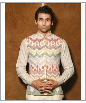 Ivory Multi colored embroidered Nehru Jacket 2
