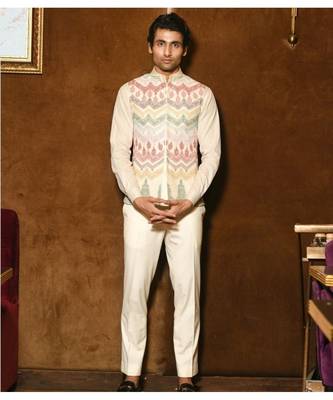 Ivory Multi colored embroidered Nehru Jacket 1