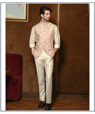 Pastel Peach silk Embroidered Waistcoat 1