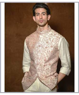 Pastel Peach silk Embroidered Waistcoat 2