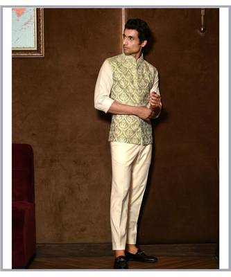 Pastel Green silk Embroidered Nehru Waistcoat 1