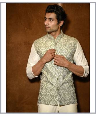 Pastel Green silk Embroidered Nehru Waistcoat 2