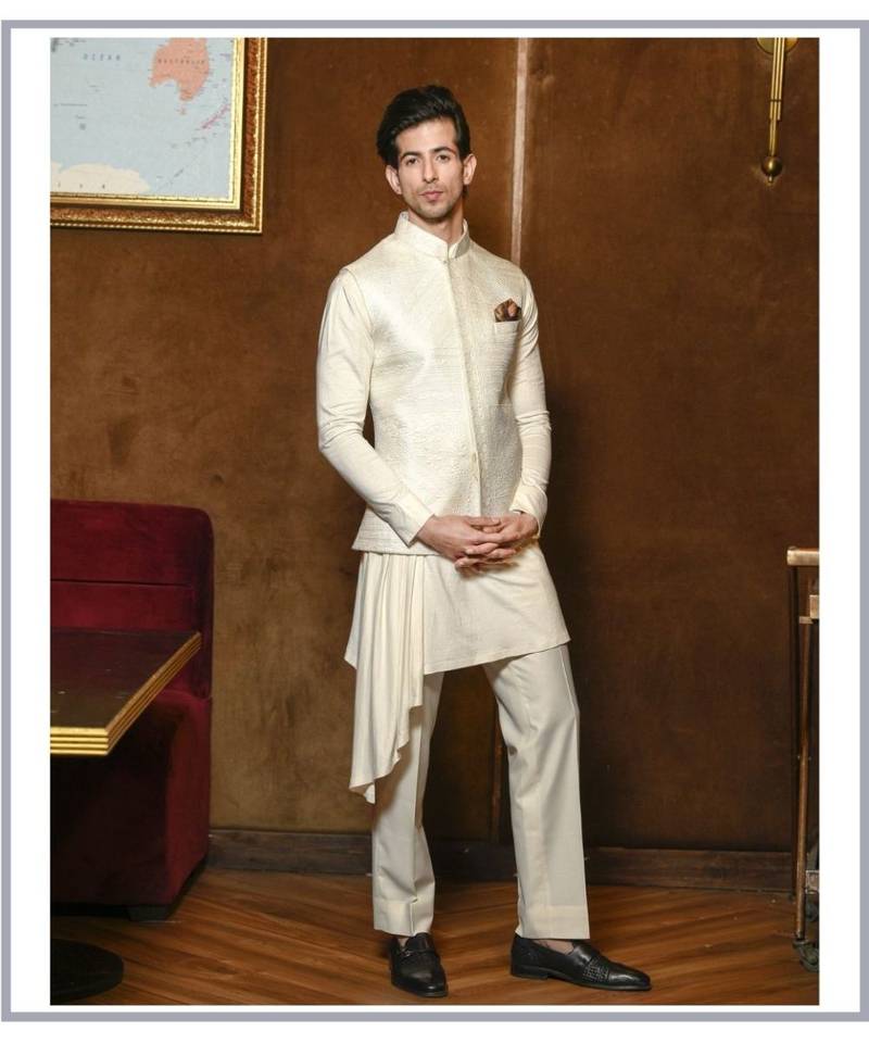 Ivory Bandhgala with Drape Kurta