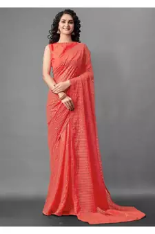 Orange embroidered georgette saree with blouse