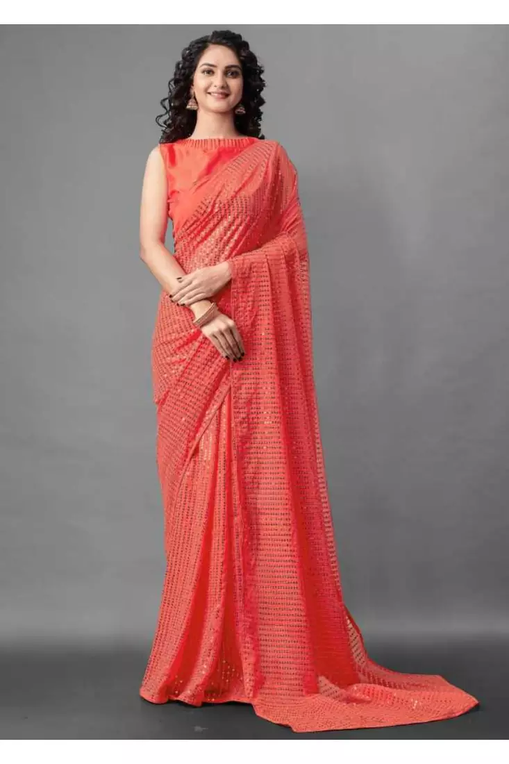 Orange embroidered georgette saree with blouse