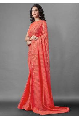 Orange embroidered georgette saree with blouse 3