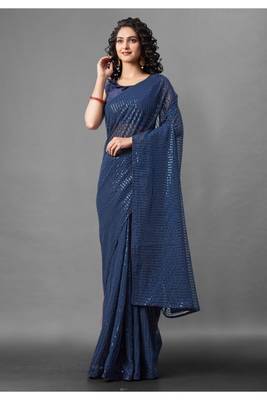 Blue embroidered georgette saree with blouse 1