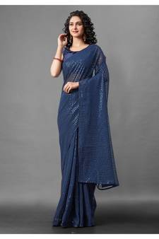 Blue embroidered georgette saree with blouse