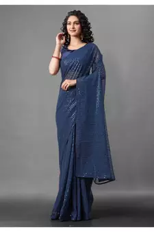 Blue embroidered georgette saree with blouse